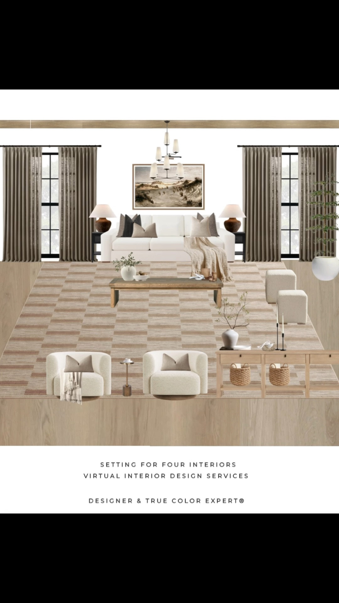 Neutral aesthetic organic modern living room mood board and decor ideas,  great room decor, chandelier pendant, black, beige, brown 
sofa, swivel chairs, rug, Loloi, amber interiors style, Pottery Barn style, Amazon home, Nancy Meyers style, earthy, console table, vase, lamp, coffee table, end table, wall art above sofa, pinch pleat curtains, upholstered ottomans, 

#LTKmomlife #LTKSaleAlert

#LTKsummer #LTKhome #LTKsale