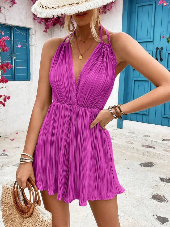 SHEIN VCAY Texture Pleated Material Shoulder Strap Halter Neck Cinched Ruffle Hem Jumpsuit For Sp... | SHEIN