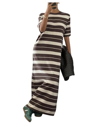 SOLY HUX Women's Striped Maxi Dress Short Sleeve Crew Neck Casual Fall Long Sweater Dresses | Amazon (US)
