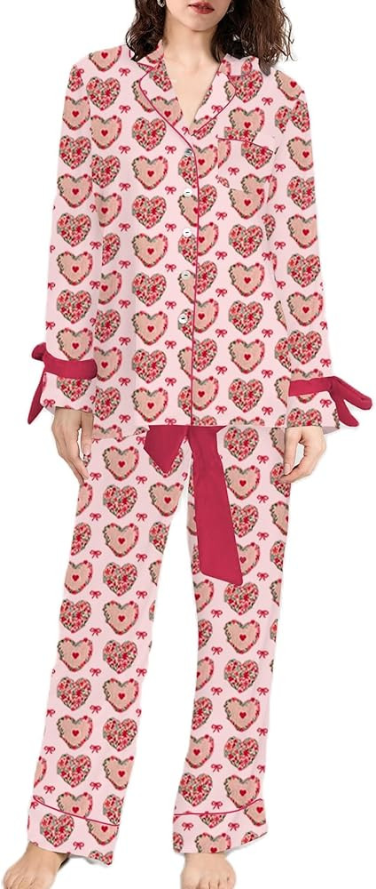 Argeousgor Women Valentine's Day Pajamas Bow Pjs Set Long Sleeve Shirt Pants Silk Heart Print 2 P... | Amazon (US)