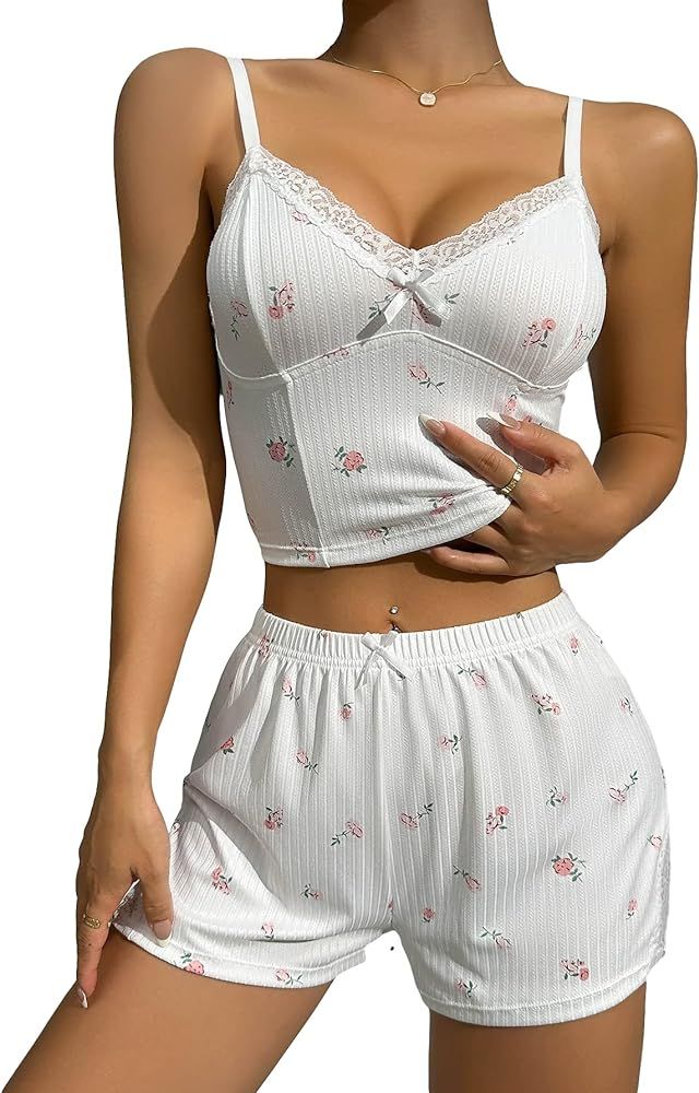 SHENHE Women's Causal Lace Trim Sleepwear Cami Top and Shorts Pajama Sets | Amazon (US)