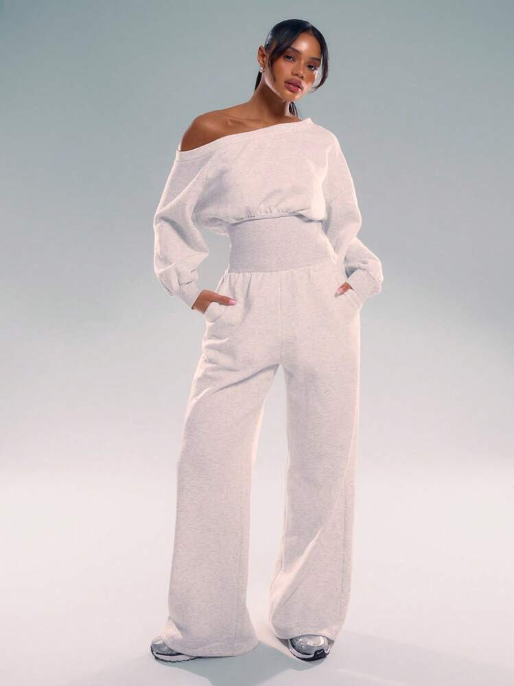 MUSERA Asymmetrical Shoulder Jogger Wide Leg Jumpsuit Cinched Waist | SHEIN