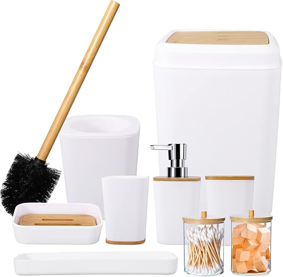 White Bathroom Accessories Set, 9 Piece Bathroom Accessory Set with Trash Can,Toothbrush Holder,T... | Amazon (US)