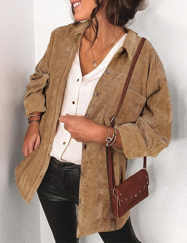 Saslax Womens Corduroy Shirt Long Sleeve Oversized Button Up V Neck Blouses Tops Loose Shacket Jacke | Amazon (US)