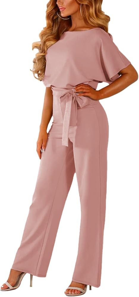 Women's Short Sleeve Jumpsuits Belted Wide Leg Long Pant Romper | Amazon (US)