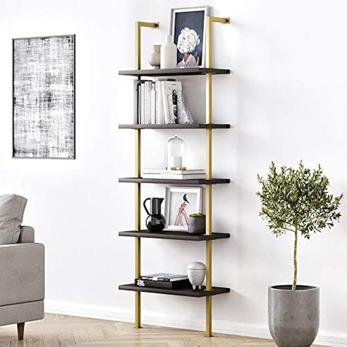 Nathan James Theo 5-Shelf Gold and Wood Modern Bookcase, Open Wall Mount Ladder Bookshelf with In... | Amazon (US)