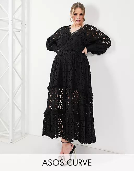 ASOS EDITION Curve v neck broderie midi dress with puff sleeve in black | ASOS | ASOS (Global)