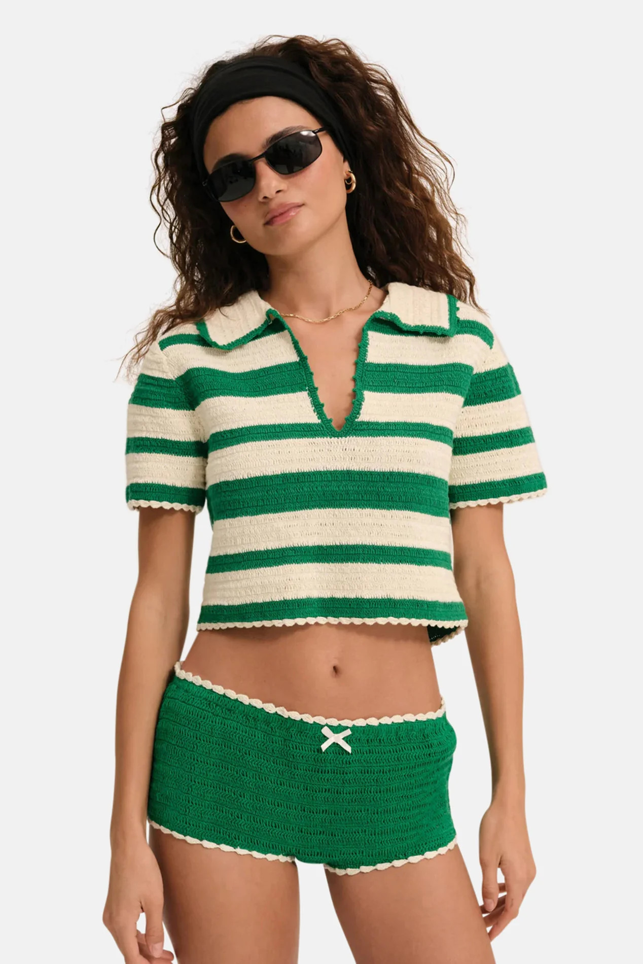 Crochet Rugby Polo Top Green | Blue & Cream