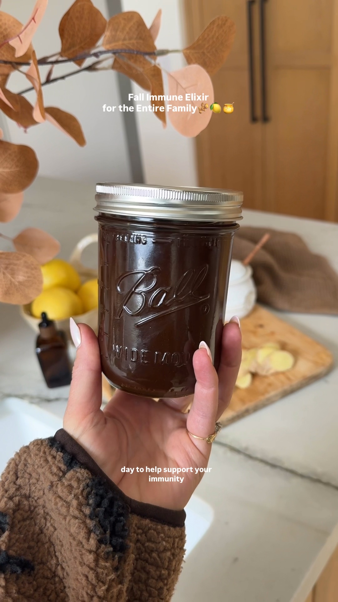 Fall Immune Elixir for the entire family🫚🍋🍯 — the cozy daily sip that tastes like a warm kitchen, not a medicine cabinet! One cup elderberry syrup as the base, a two-inch piece of fresh ginger, a teaspoon of turmeric, the juice of one lemon, a quarter cup of raw honey, and a cup of water to simmer it all in. About a tablespoon a day, keeps two to three weeks in the fridge.

Here’s why each one earns its spot👇🏻
Elderberry syrup — the star. Rich in antioxidants and anthocyanins that may shorten colds and support immune response.
Fresh ginger — anti-inflammatory and antimicrobial, helps clear congestion and soothes a scratchy throat.
Turmeric — curcumin is a strong anti-inflammatory; it pairs with the ginger to calm the immune system instead of overstimulating it.
Lemon juice — vitamin C plus a bright, antimicrobial kick that keeps the flavors fresh.
Raw honey — natural antimicrobial, coats the throat, and preserves the batch. Skip it for babies under one.
Water — the simmering base that draws the ginger and turmeric into a warm, homey infusion.

Not a miracle potion — just a simple daily habit. Stir before you sip, since the turmeric settles👩🏻‍🍳

#ImmuneElixir #FallWellness

#LTKfoodie #LTKHome #LTKmomlife