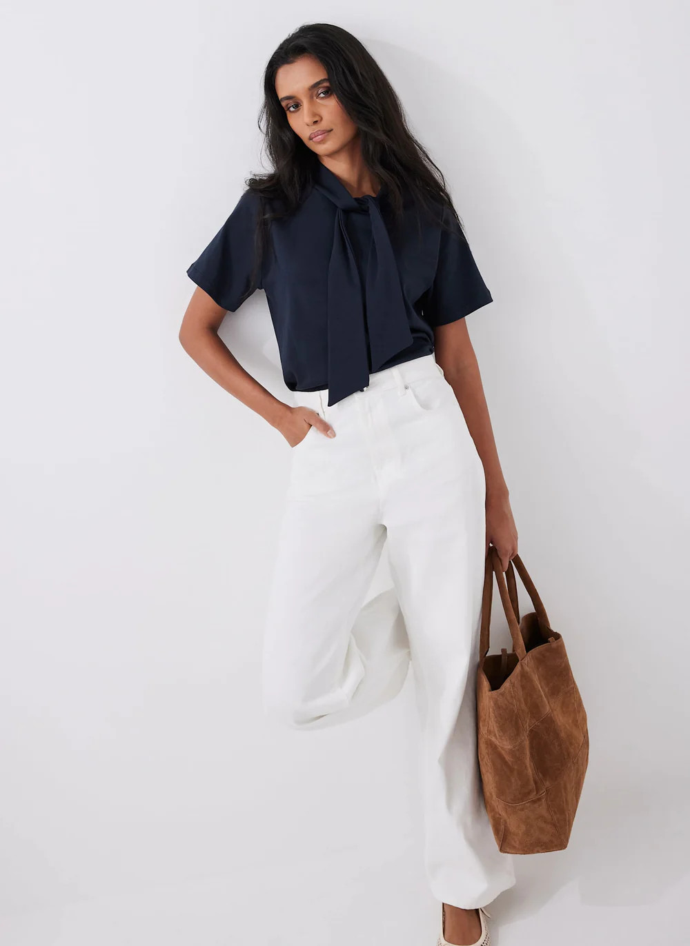 Navy Cotton Tie Neck Top | Mint Velvet