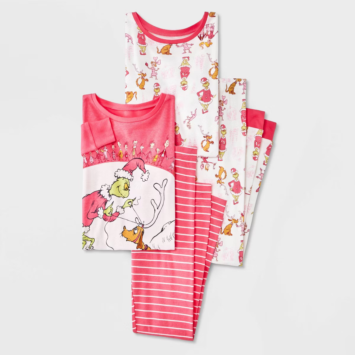 Girls' The Grinch Holiday Snug Fit Long Sleeve and Pants 4pc Pajama Set - Coral Pink 10 | Target
