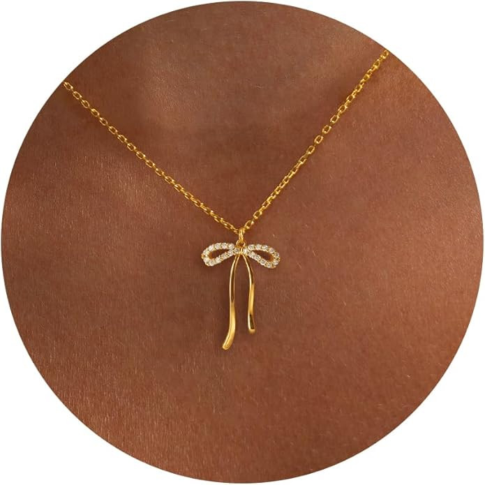 Gold Necklace for Women-14k Gold Plated Bow Necklace Cute Gold Ribbon Bow Necklace Simple Pretty ... | Amazon (US)