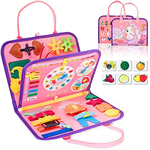 iooo Toddler Busy Board Montessori Toys for 1 2 3 4 Year Old, Sensory Board with Buckles Educational Activities for Learning Fine Motor Skills, Gifts Toy for Girls Boys for Airplane Car (Pink-3) | Amazon (US)