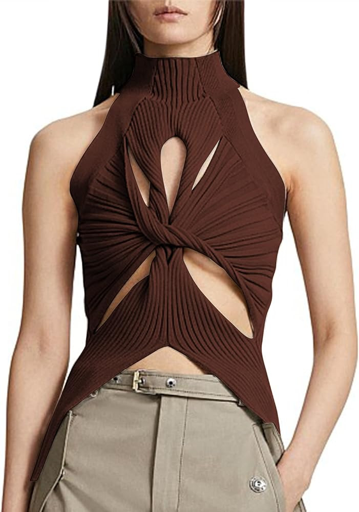 SAFRISIOR Women Sexy Hollow Out Twist Front Knitted Tank Tops Sleeveless High Neck Cut Out Sweate... | Amazon (US)