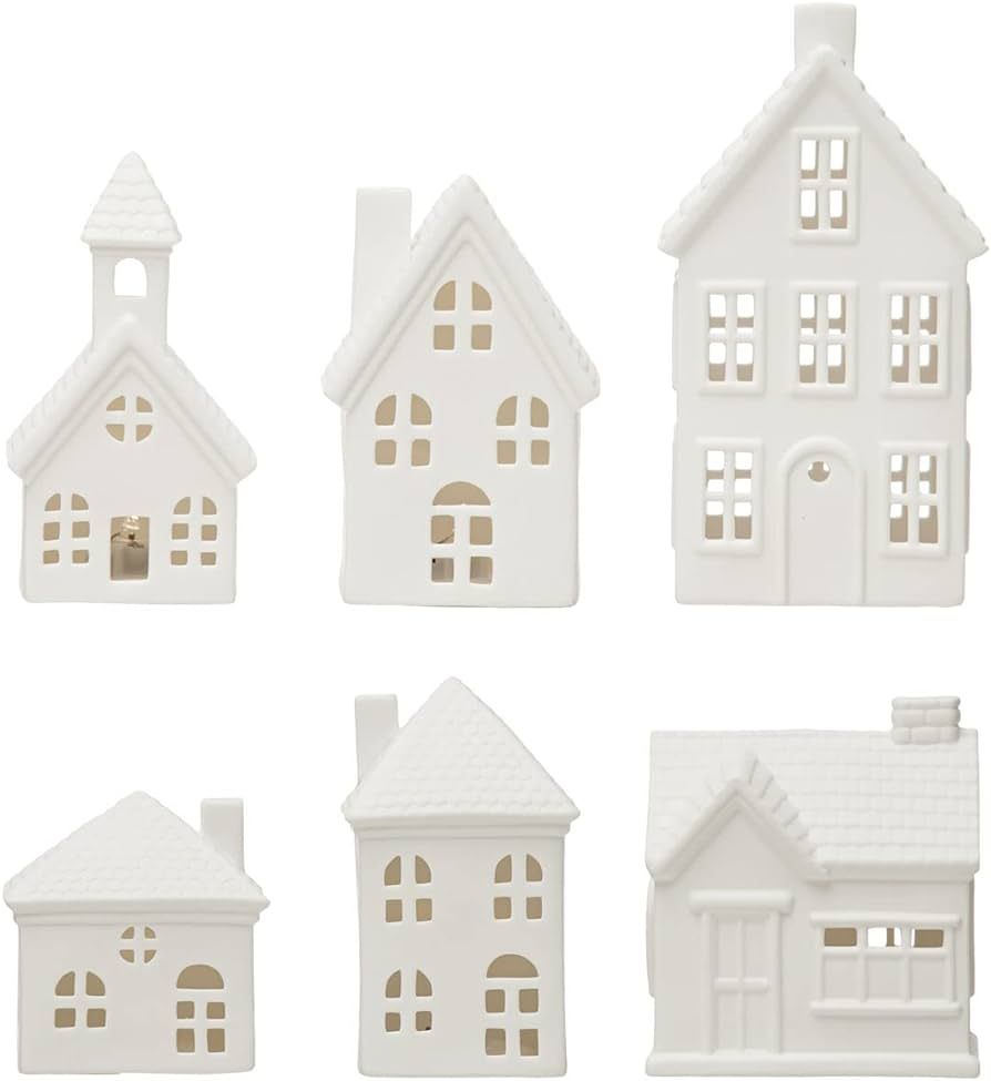 Creative Co-Op Stoneware Bisque Houses with LED Lights, White, Set of 6 | Amazon (US)