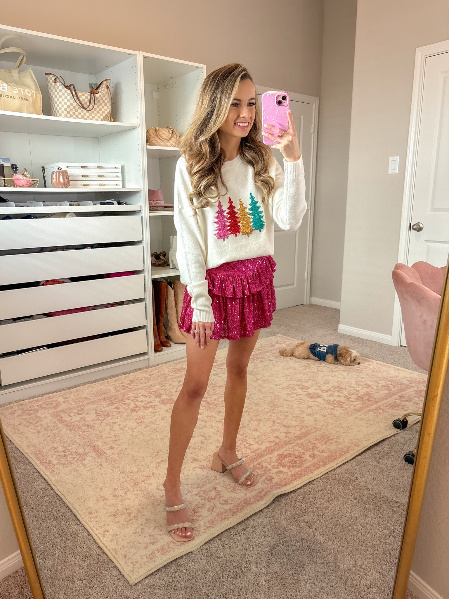 Red dress try-on
Holiday looks, Christmas sweater, colorful Christmas outfit 

Sweater- small 
Skirt- small 
Heels- 6