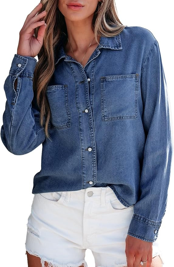 Sidefeel Women's Denim Shirts Button Down Jean Shacket Casual Long Sleeve Chambray Blouse Top | Amazon (US)