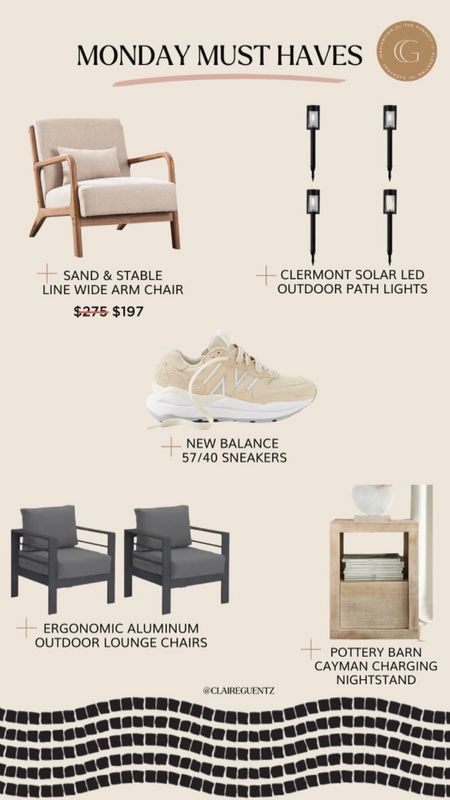 Monday must haves; solar patio/outdoor lights; bedside table; nightstand; neutral new balance; patio chairs; neutral accent chair 

#LTKhome #LTKshoecrush #LTKsalealert