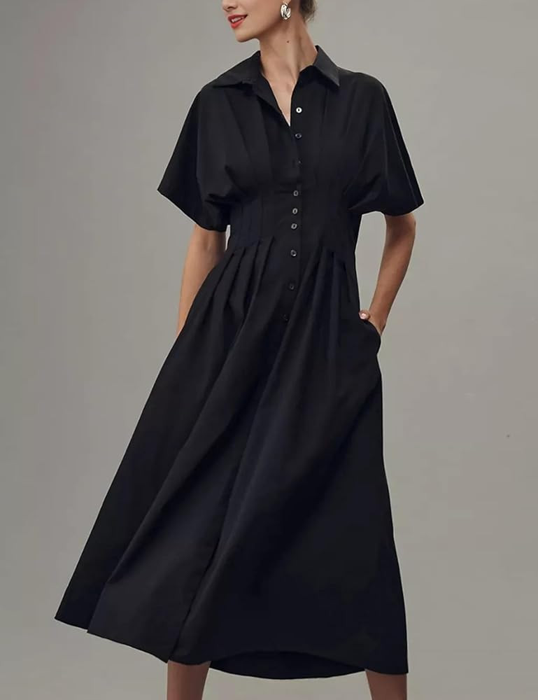 Yeokou Shirt Dress for Women Summer Casual Short Sleeve Button Down Loose Pleated Maxi Sundress w... | Amazon (US)