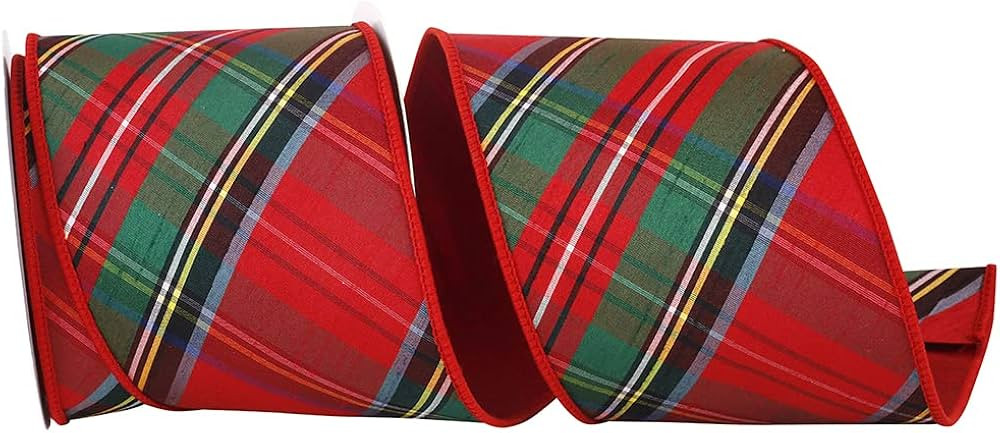 Reliant Ribbon 93899W-065-10D Plaid Dupioni Classic Diagonal Luxe Red Backed Wired Edge, Red, 4 I... | Amazon (US)