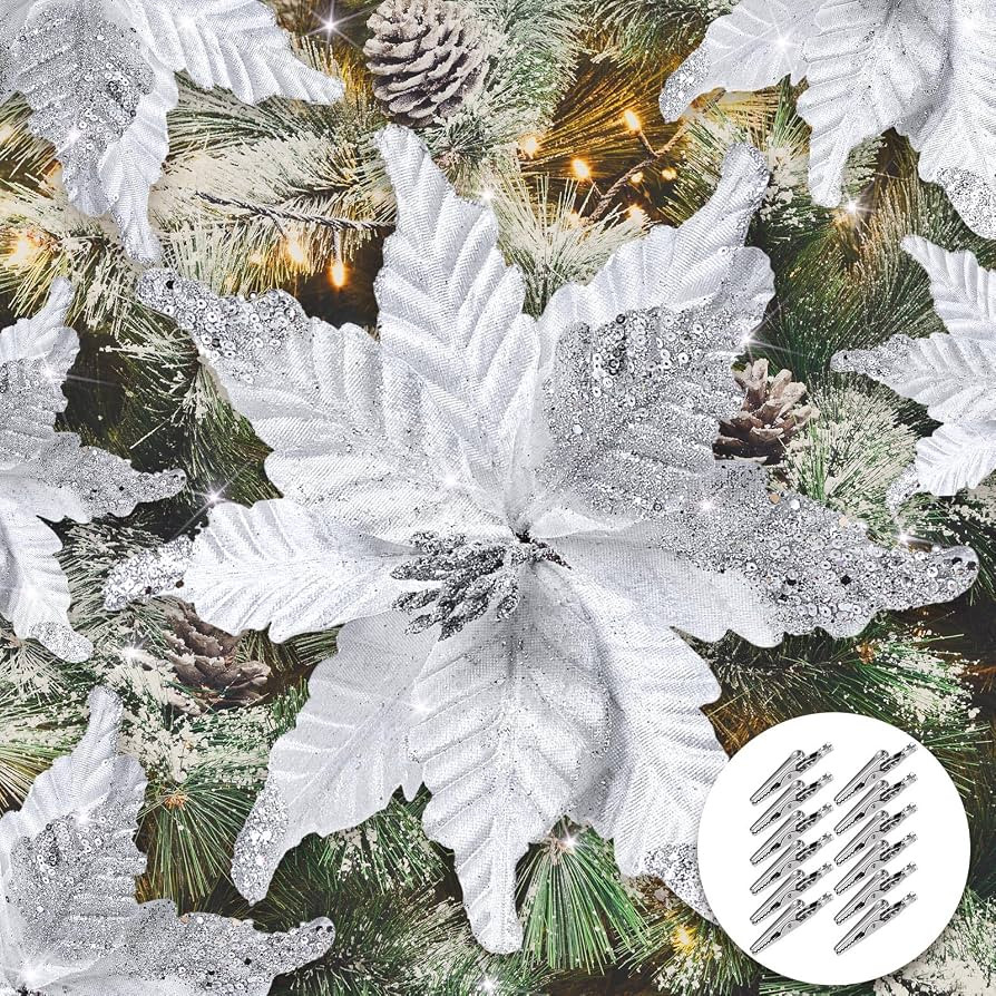 12 Pcs Christmas Glitter Fabric Poinsettia 10 Inch Artificial Xmas Flower with Clips Large Head C... | Amazon (US)
