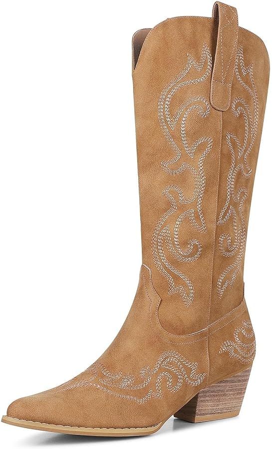 Tscoyuki Embroidered Cowboy Boots for Women Cowgirl Boots Pointed Toe Chunky Low Heel Knee High W... | Amazon (US)