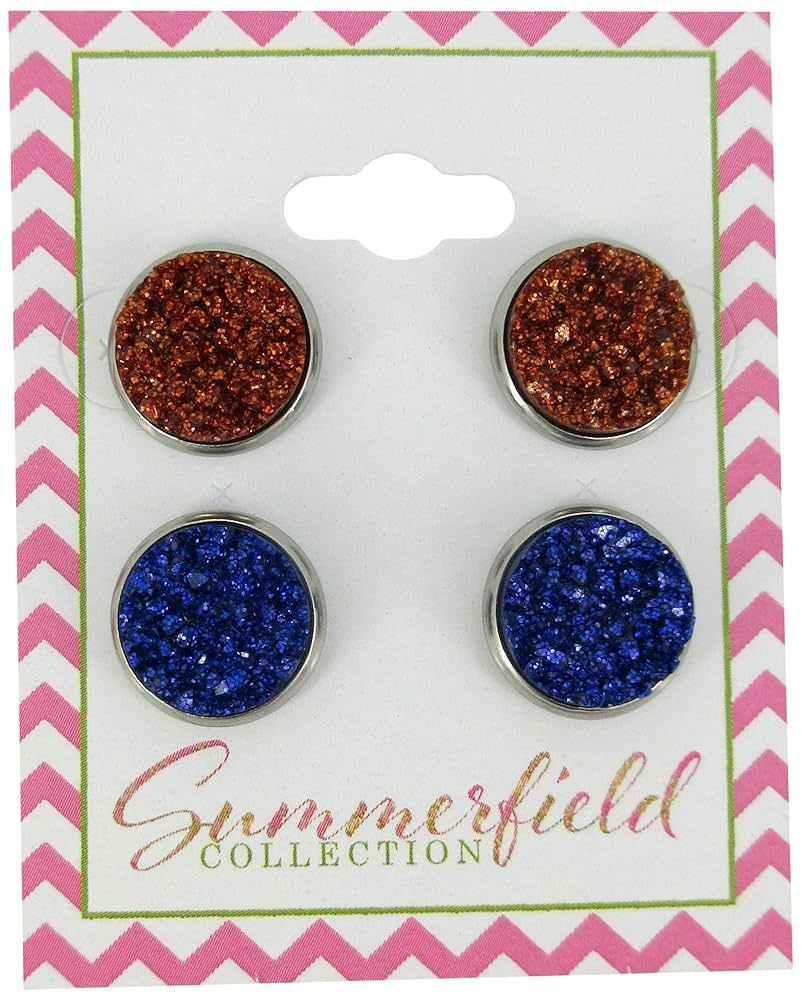 Duo Stainless Steel Glitter Faux Druzy Stone Stud Earrings Set (Orange/Indigo) | Amazon (US)