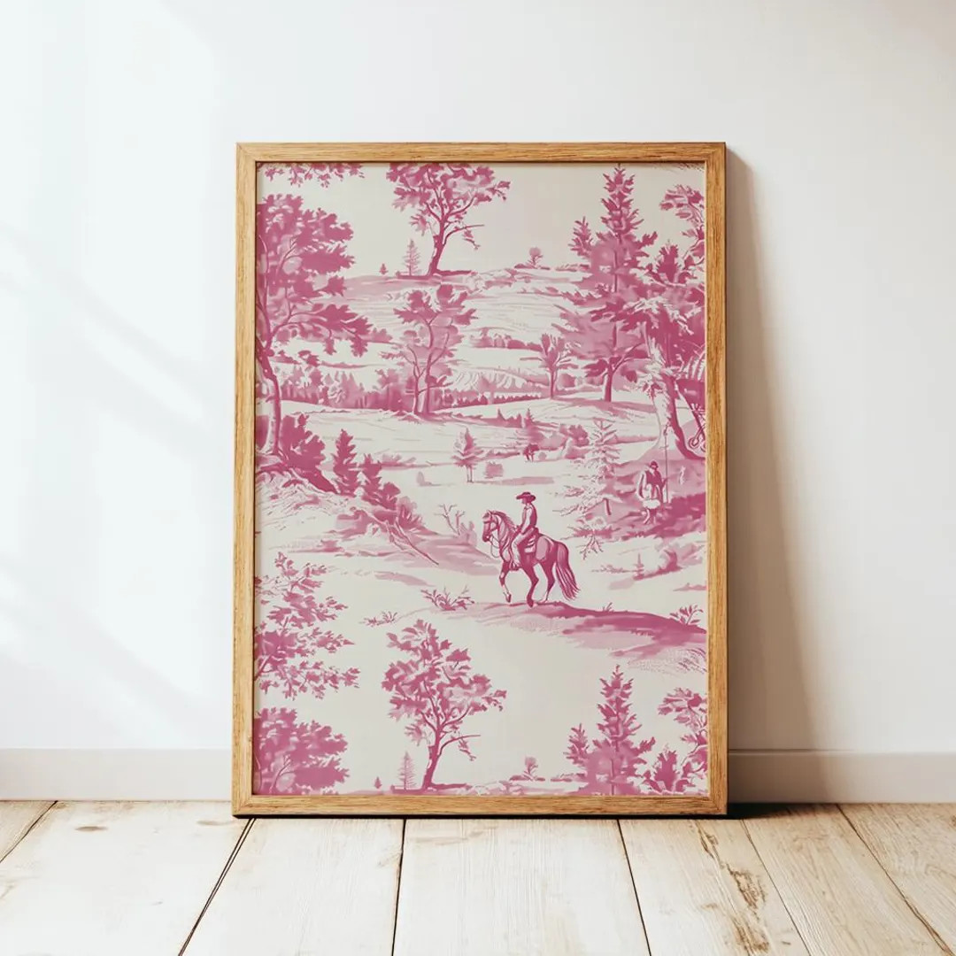 Chinoiserie Cowboy Toile Wall Art for Girls' Room Simple Toile De Jouy Vintage Pink Digital Print... | Etsy (US)