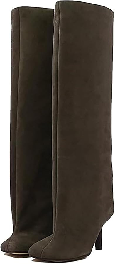 Women's Knee High Boots Nude Suede Wide Calf Stiletto Long Booties Square Toe Pull On High Heel R... | Amazon (US)