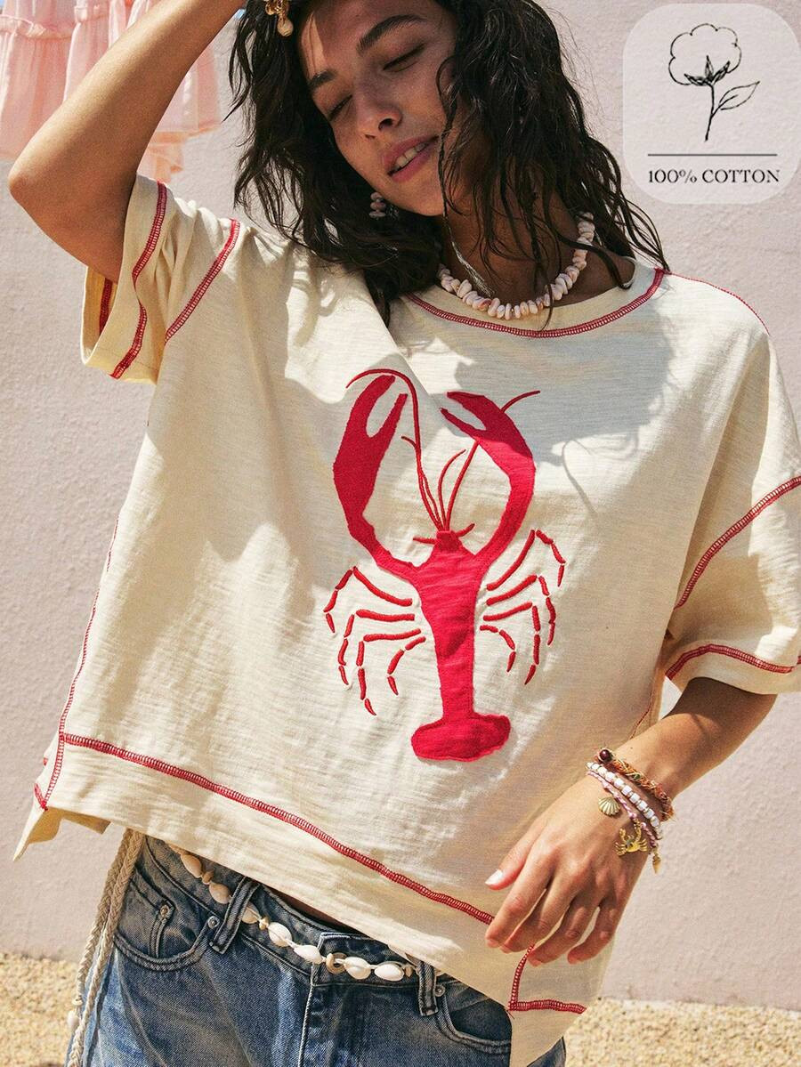 SoleilVie Beach Vacation Oversized Loose-Fit Cotton T-Shirt With Embroidered Red Lobster, Contras... | SHEIN
