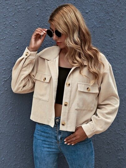 Button Front Patch Pocket Crop Jacket | SHEIN