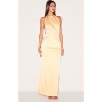 Butter Yellow Satin Halter Flared Maxi Dress | PrettyLittleThing US