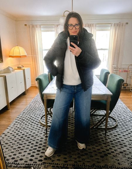 A little high low mix up. Classic white sweatshirt by Jil Sander, wide leg jeans, sneakers and a black puffer…styled up with layered gold necklaces. Simple. Classic. Perfect outfit to go to my kid’s wrestling tournament. 

#LTKmidsize #LTKover40 #LTKstyletip