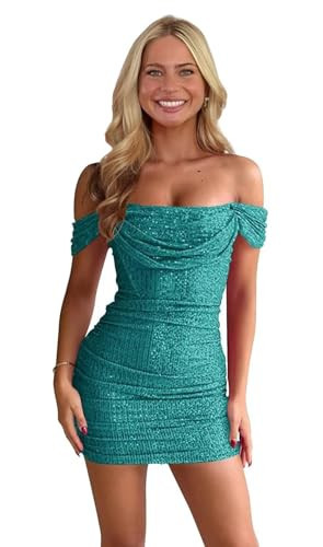 PUXIU Sparkly Sequins Strapless Homecoming Dresses Aqua Blue 2026 Bodycon Short Sparkly Sequins Off the Shoulder Sleeves Mini Prom Dress for Teens 16 | Amazon (US)