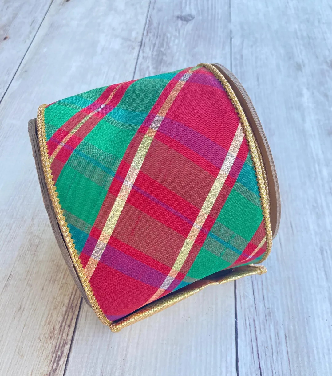 Christmas Ribbon: Red, Green, and Gold, Plaid Bais Cut, Gold Backing, Wired Edge, 4" Wide - Etsy | Etsy (US)