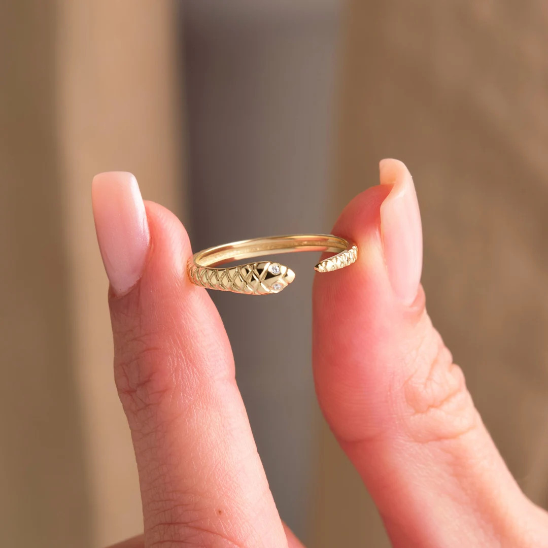Snake Ring Diamond Eyes Solid Gold Snake Ring Open Serpent Ring 14K Gold Snake Band Wrap Ring Sna... | Etsy (US)