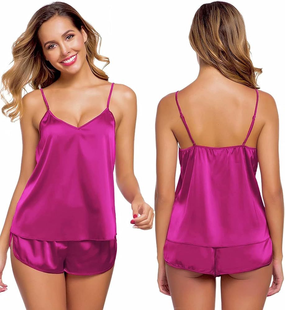 SWOMOG Womens Sexy Lingerie Silk Satin Pajamas Cami Shorts Set Sleepwear | Amazon (US)