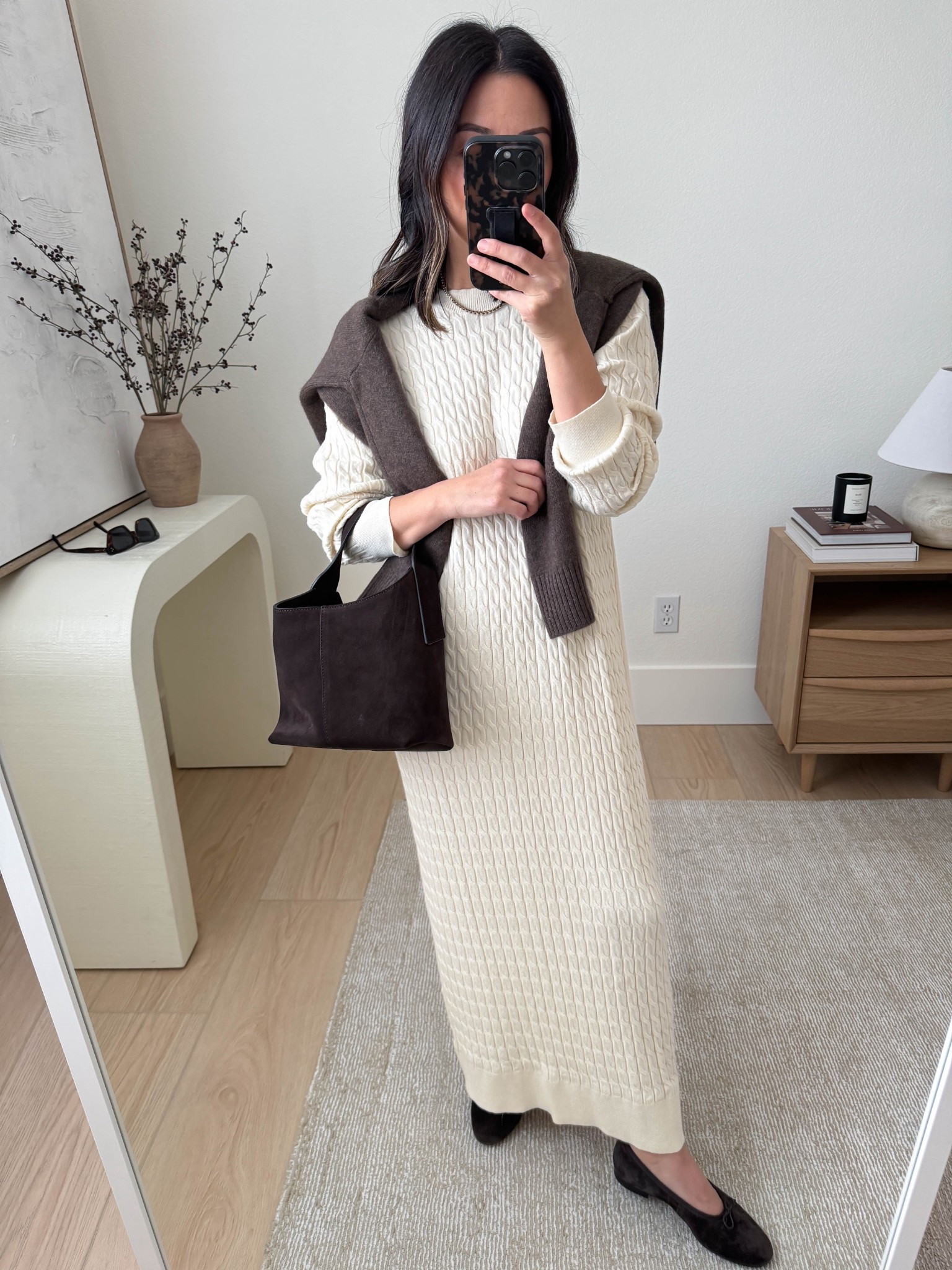 Thanksgiving 2025 outfit idea. Sweater dress is old, but linked similar. 

Treasure & Bond cable knit sweater dress small (old)
Madewell flats 5
Banana Republic bag
Quince cashmere sweater xs
Celine sunglasses

Fall outfits, fall style, petite style, holiday style, Thanksgiving outfit 

#LTKSeasonal #LTKShoeCrush #LTKPetite