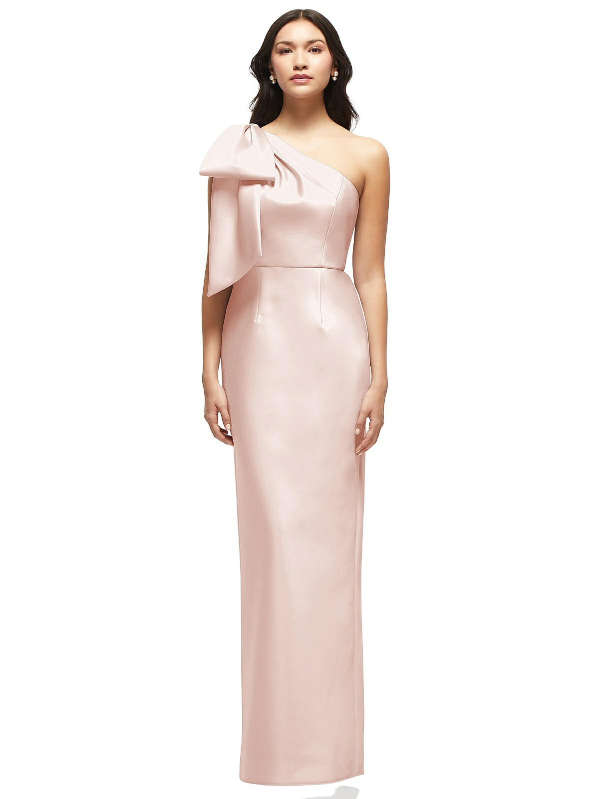 Oversized Bow One-Shoulder Satin Column Maxi Dress in Blush | The Dessy Group