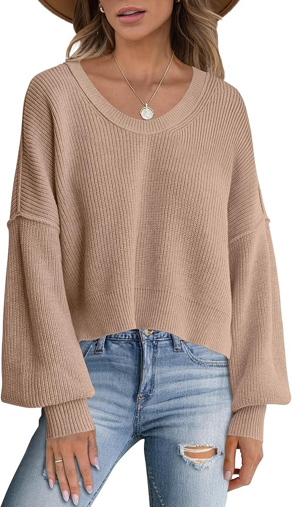 ANRABESS Women Crewneck Cropped Sweater Batwing Sleeve 2024 Trendy Casual Oversized Ribbed Knit P... | Amazon (US)