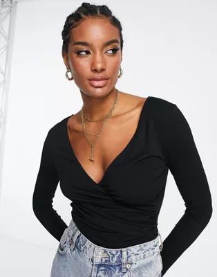 ASOS DESIGN wrap long sleeve bodysuit in black | ASOS (Global)