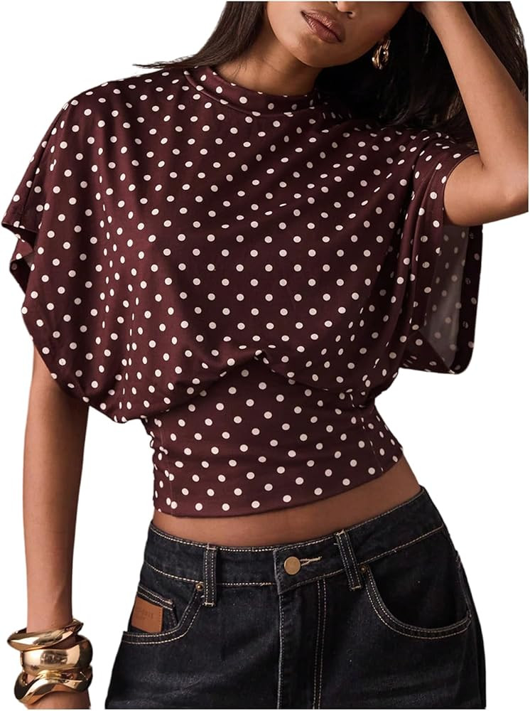 Floerns Women's Polka Dots Crew Neck T Shirt Cinched Waist Loose Dolman Sleeve Night Out Tops | Amazon (US)