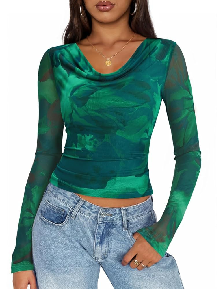 ZESICA Womens Floral Mesh Long Sleeve Tops 2025 Fall Cowl Neck Slim Fit Going Out Y2k Shirts Tren... | Amazon (US)