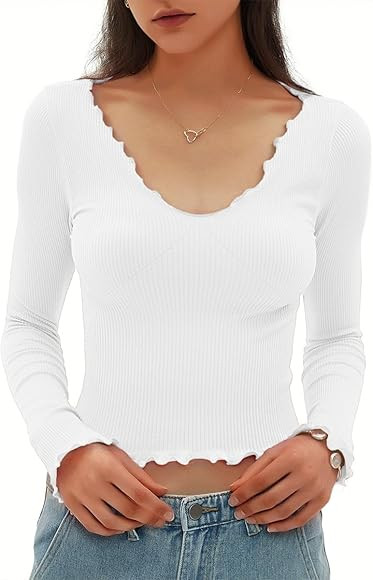 CHYRII Womens Fashion Fall Long Sleeve Tops Ruffled Low Cut Basic Layering Tee Shirts Crop Tops | Amazon (US)