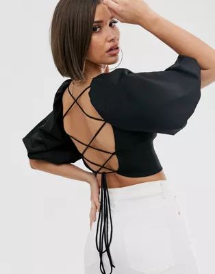 ASOS DESIGN sweetheart twist front top in scuba with puff sleeve and tie back | ASOS US
