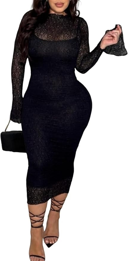 Uni Clau Women's 2 Piece Lace Dress Set Elegant Bodycon Midi Dress Birthday Party Wedding Guest D... | Amazon (US)