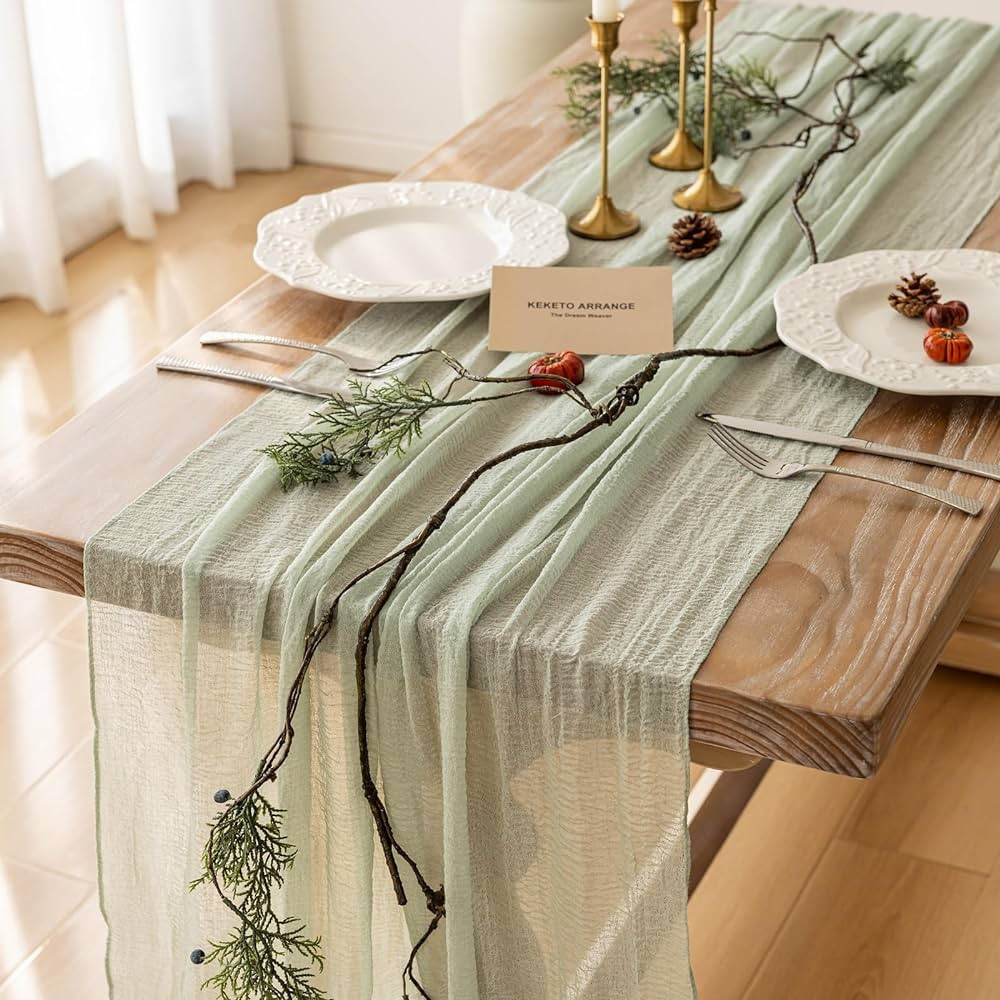 Keketo Cheesecloth Table Runner Sage Green Gauze 120 Inch 10 FT Rustic Boho Cheese Cloth Table Ru... | Amazon (US)