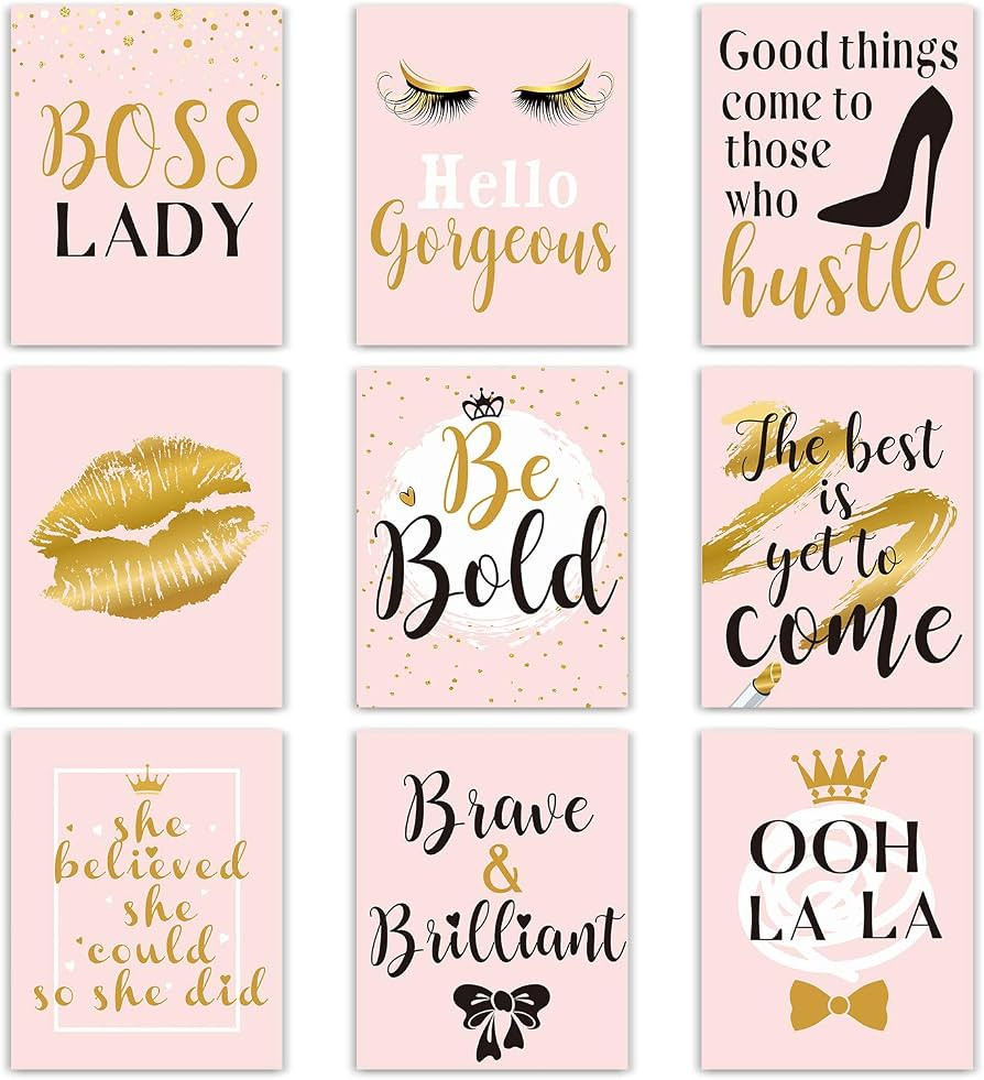 Outus 9 Pcs Inspiration Wall Decor for Women, Pink and Gold Makeup Lash Lips Wall Art Poster, Mot... | Amazon (US)