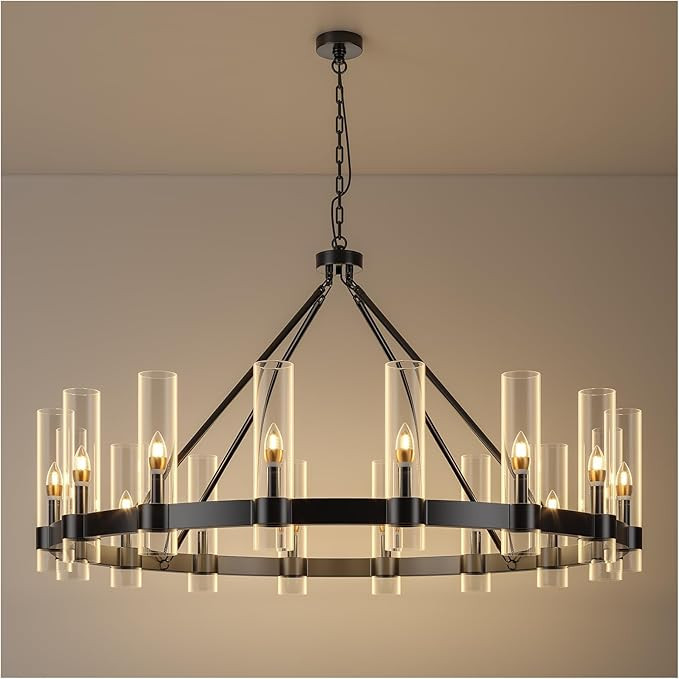 48 Inch Black Wagon Wheel Chandelier with Glass Shade, 16 Lights, Modern Farmhouse Style, Ideal f... | Amazon (US)