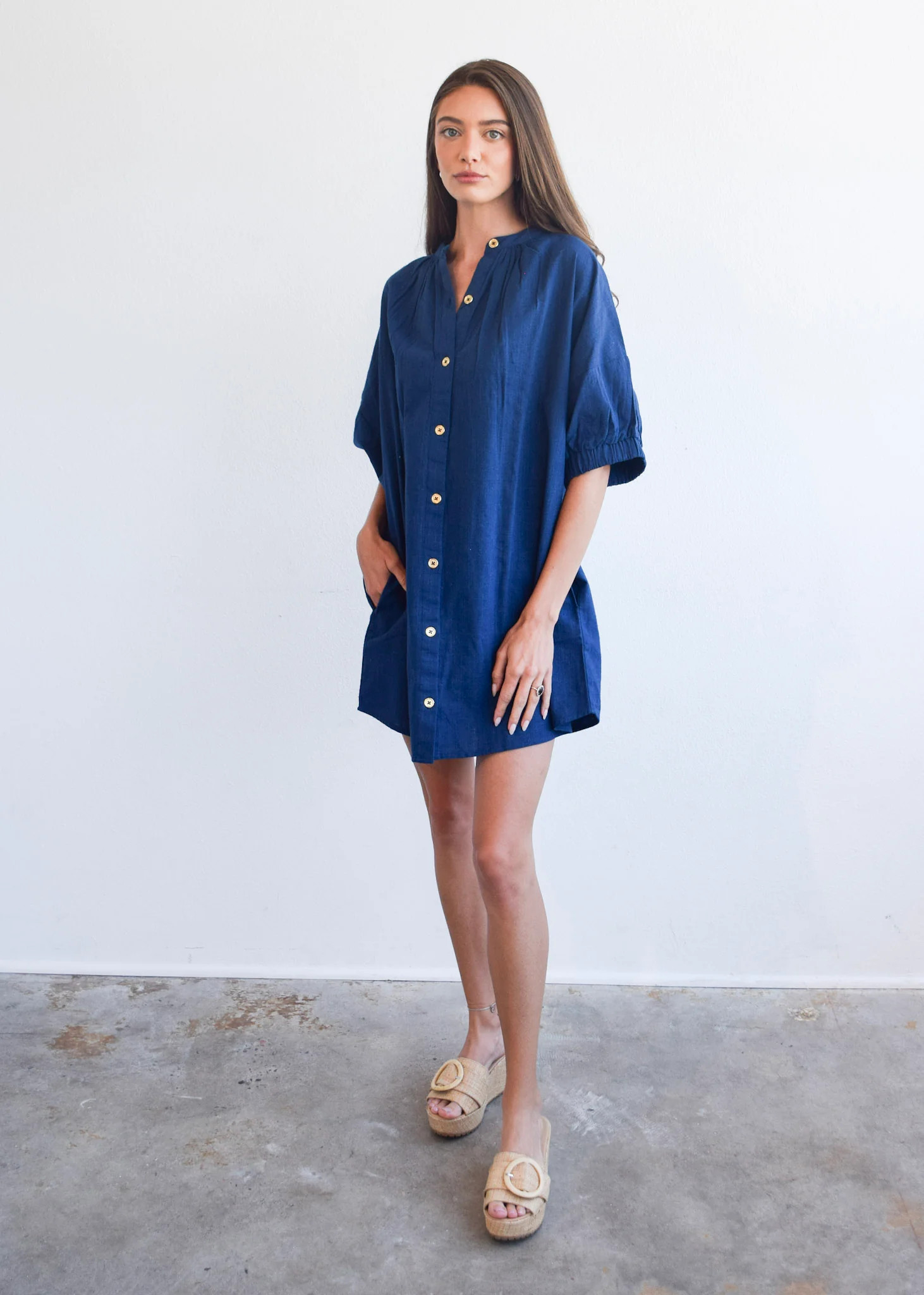 Never A Wallflower | Elastic Sleeve Dress Navy Woven | Never A Wallflower